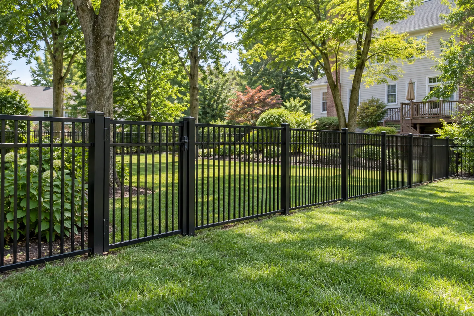 New black aluminum ornamental fence with a gate installed at a home near Glen Burnie, MD