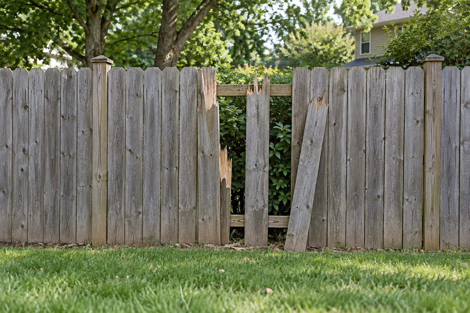 Gray weathered wood fence with smashed pickets and a hole through the boards, waiting for repair in Glen Burnie, MD