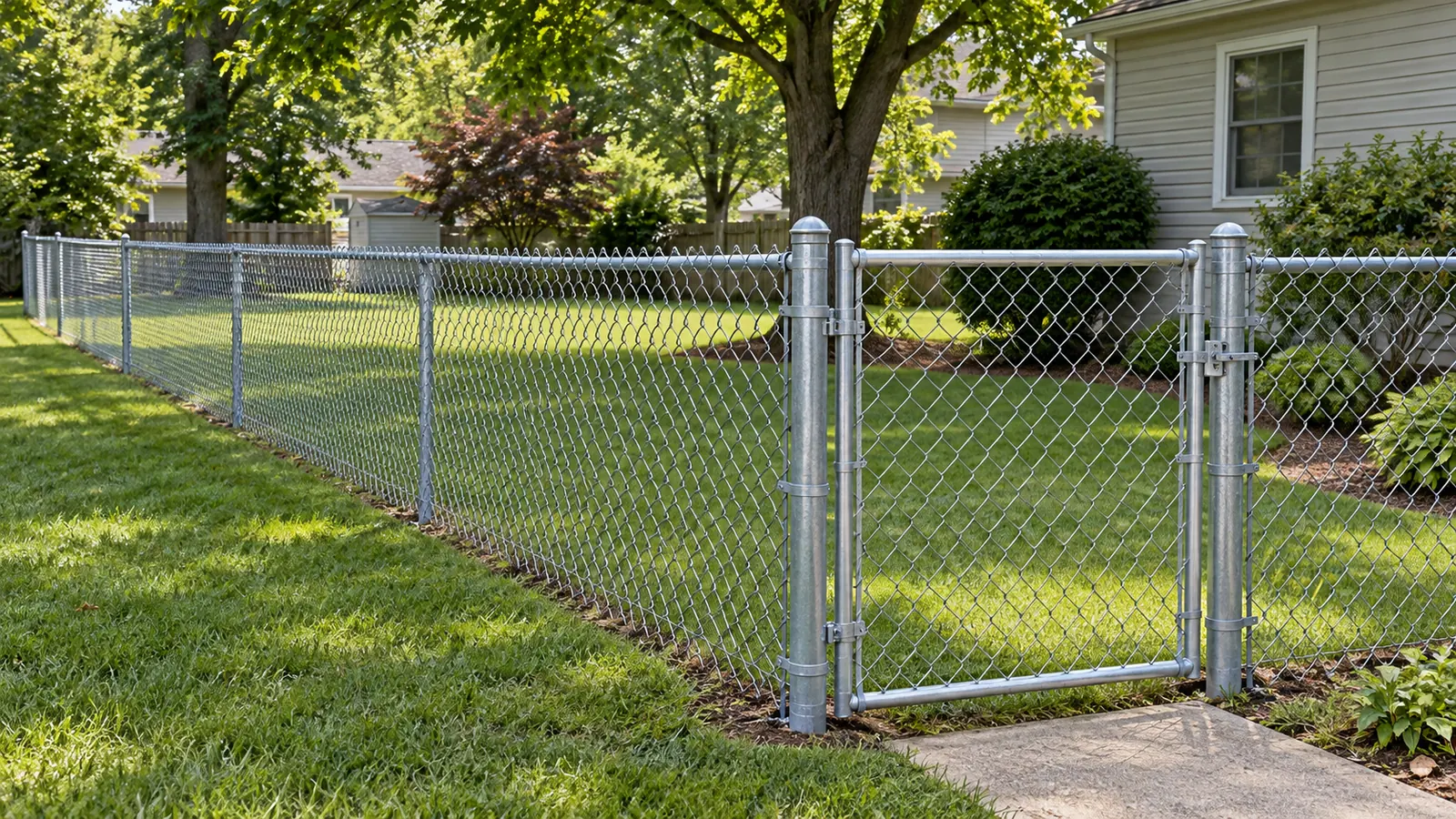 New galvanized chain link fence with a walk gate in a Baltimore, MD back yard
