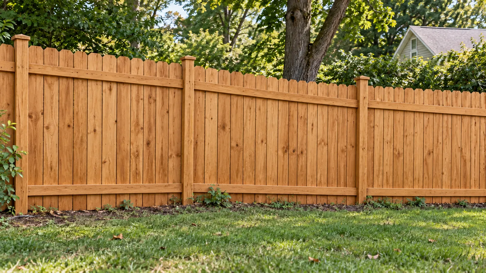 Repaired and stained wood privacy fence in a Gambrills, MD backyard