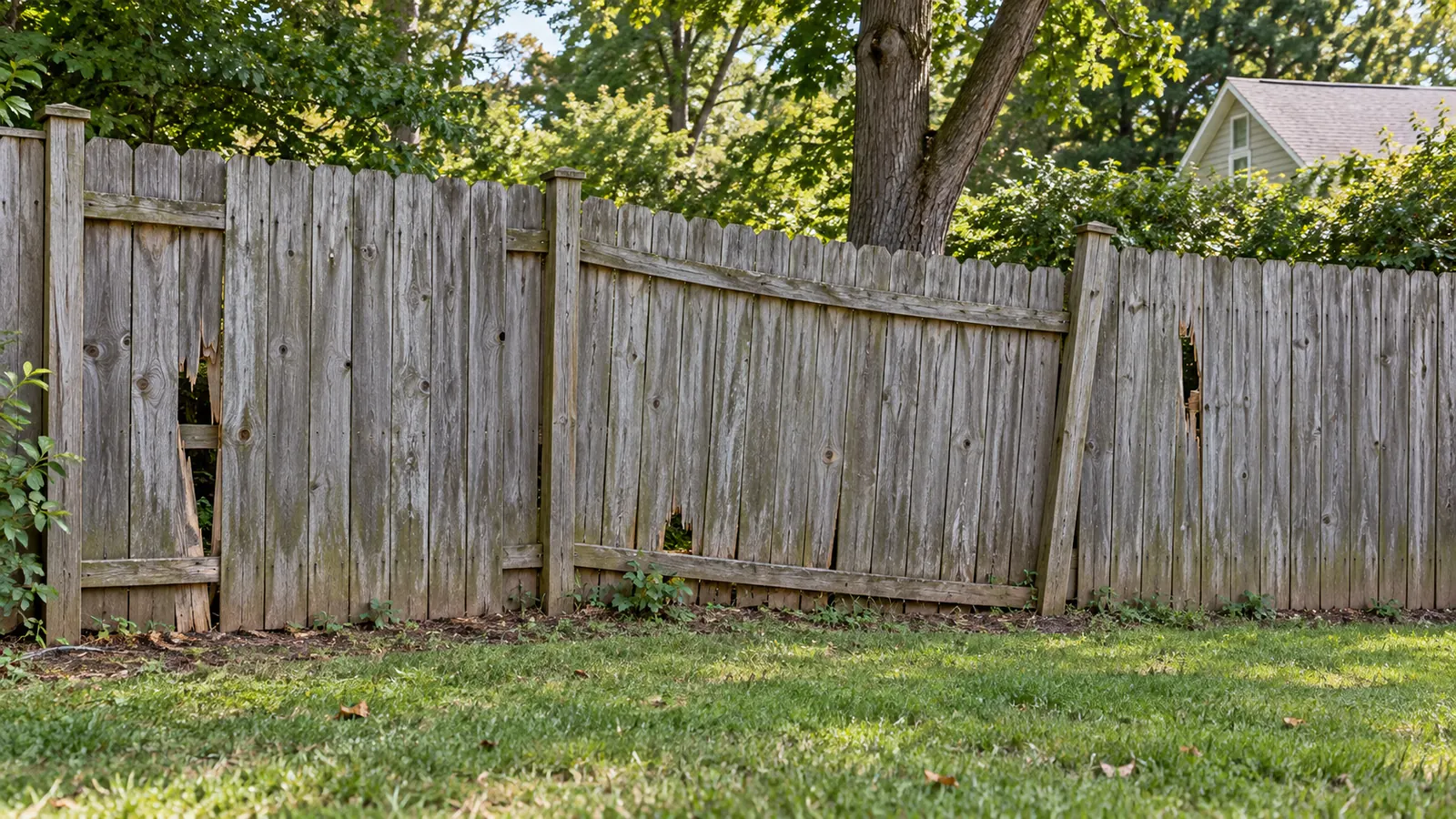 Weathered, leaning wood privacy fence with broken boards before repair in Gambrills, MD