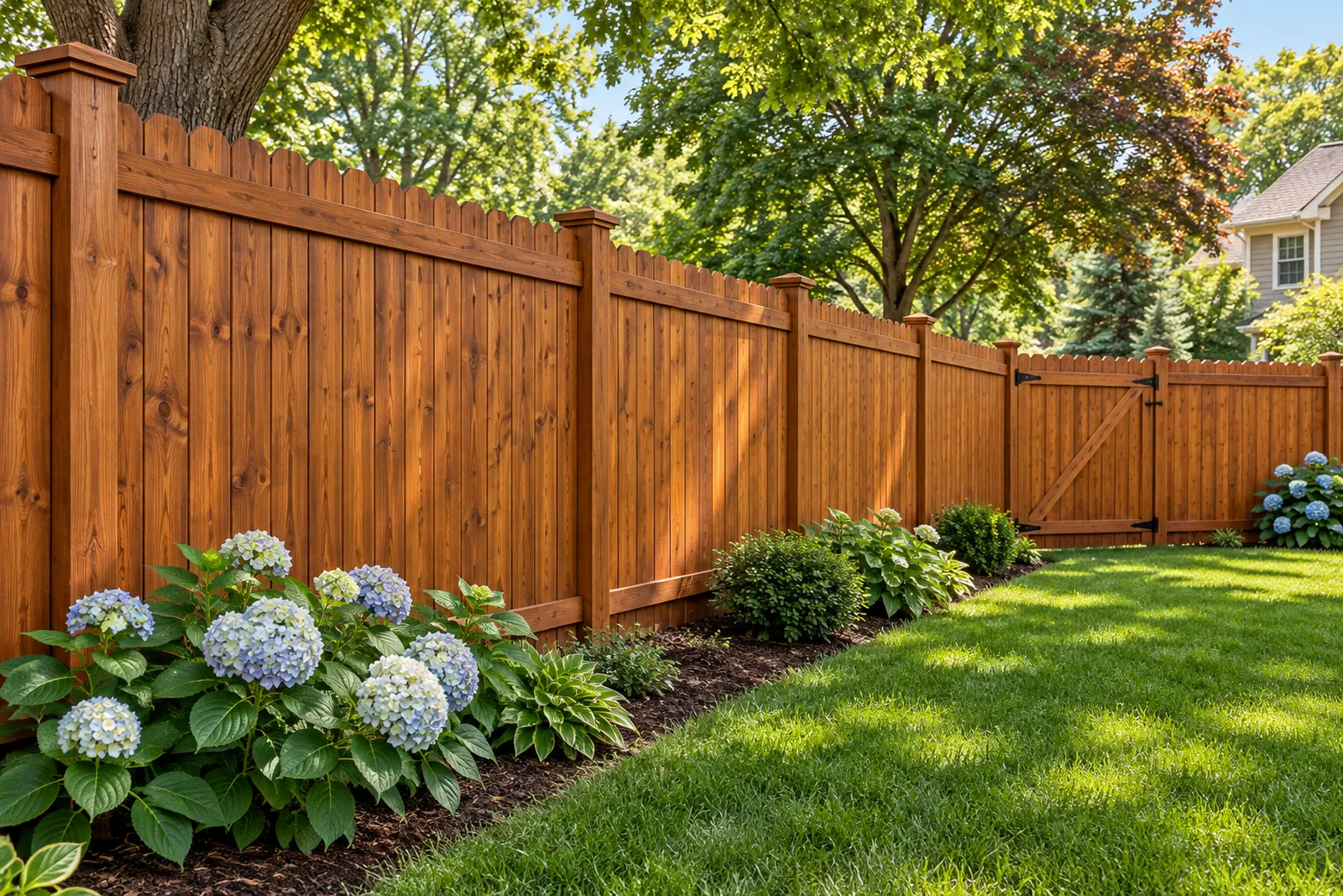Finished stained cedar scalloped privacy fence with hydrangeas in a shaded yard in Severn, MD
